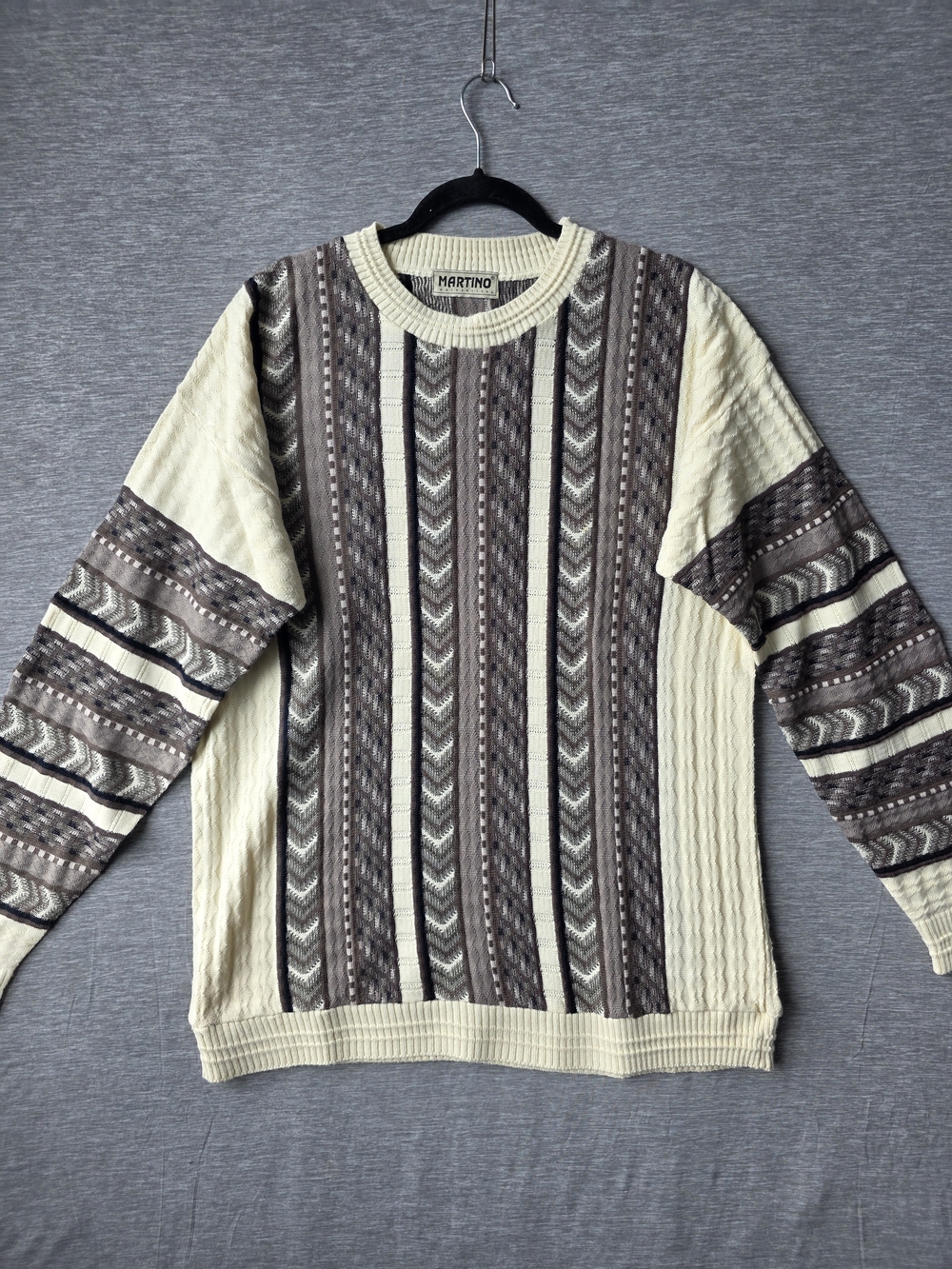 Martino Authentic Textured Geometric Knit Sweater Cream Brown Black Men’s L 90s